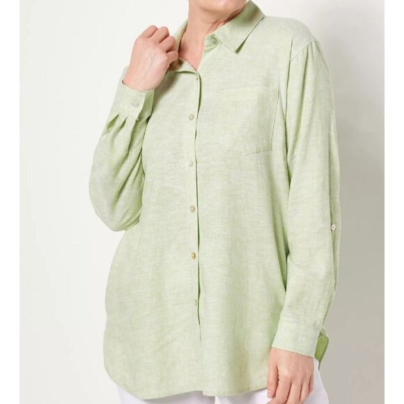 Susan Graver Linen Blend Oversized Fit Button Up Tunic Shirt Pale Green Size XS - Picture 1 of 11